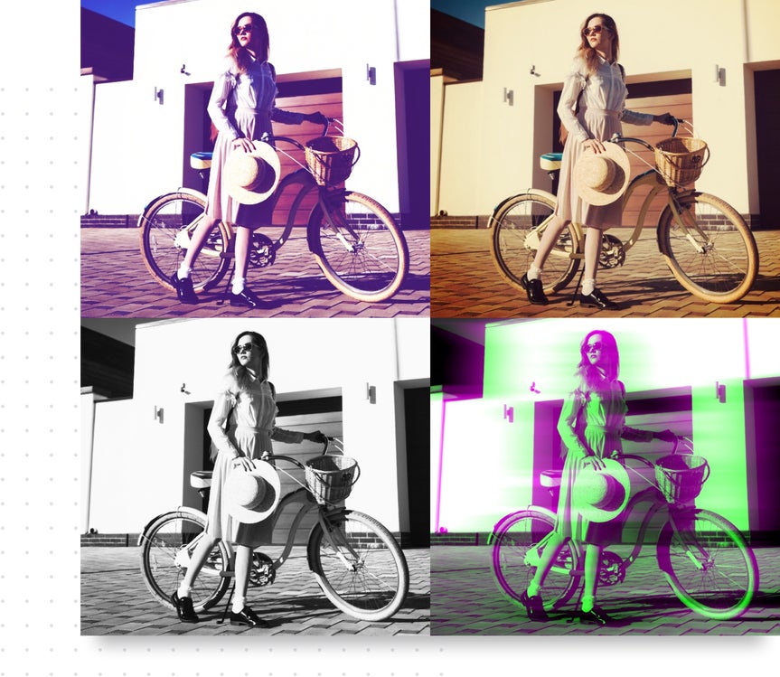 An image of a woman on a bicycle with four different effects applied