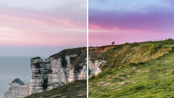before and after image of a cliff overlooking the sea at sunset