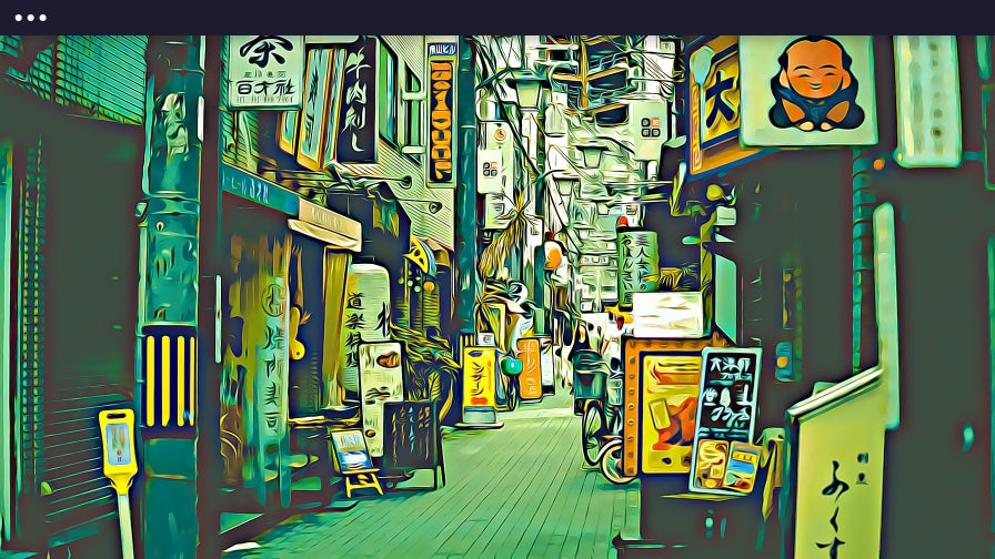 A cartoon-style transformation of a colorful, narrow street scene using Cartoonizer DLX