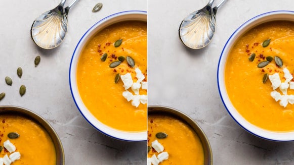 Before and after photo of soup, with seeds removed from second image