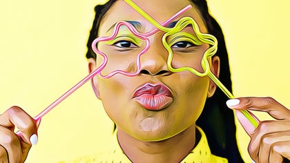 A vibrant cartoon-style portrait of a person holding a star shaped straws over their eyes, created with Cartoonizer DLX.