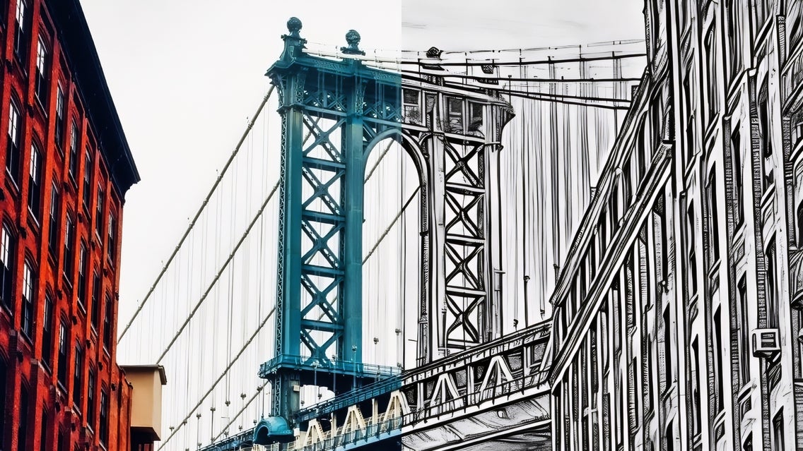 charcoal drawing featured image side-by-side image of new york city bridge with charocal effect applied to one side