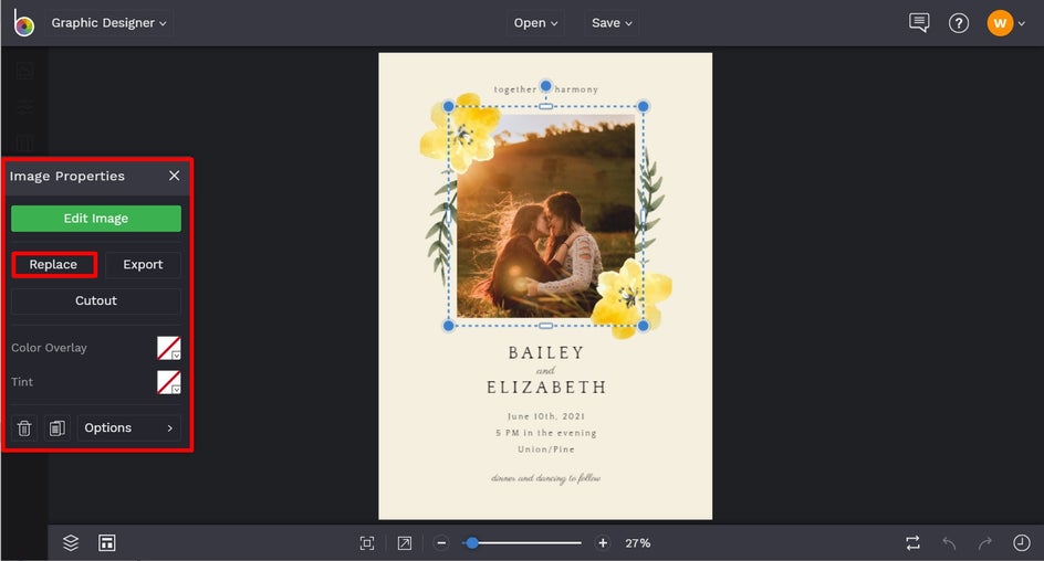 how to replace image on wedding invitation template in BeFunky