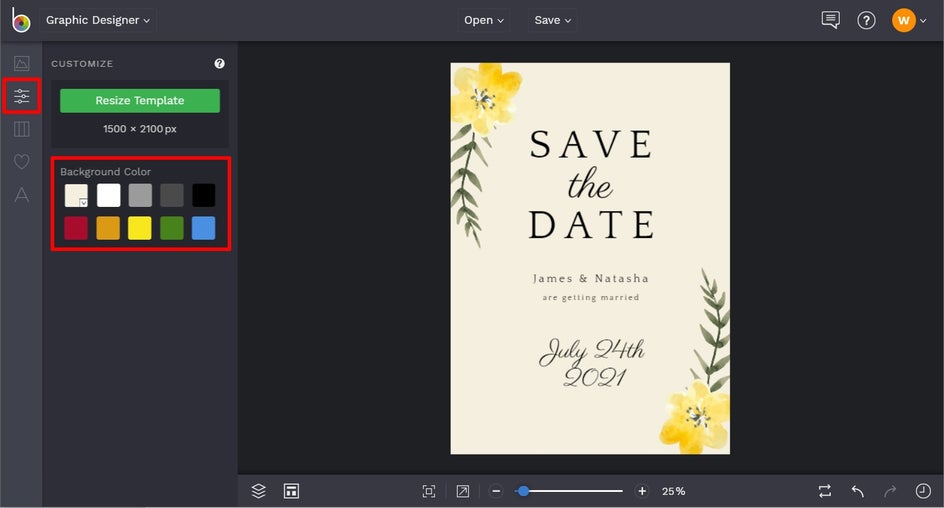 how to change the background color of the design template in BeFunky