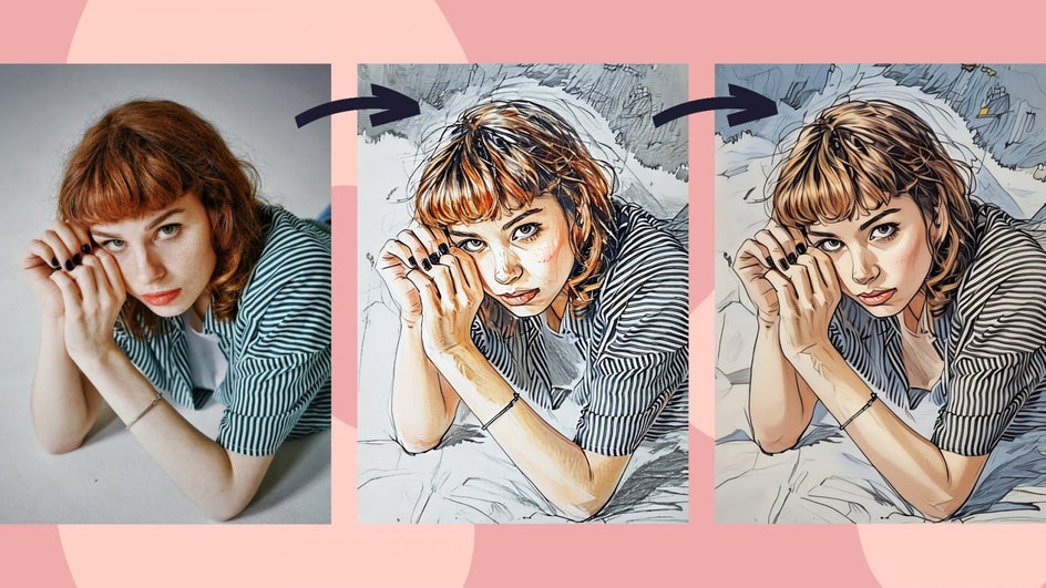 three images of same portrait – female with color sketch and then graphic designer applied