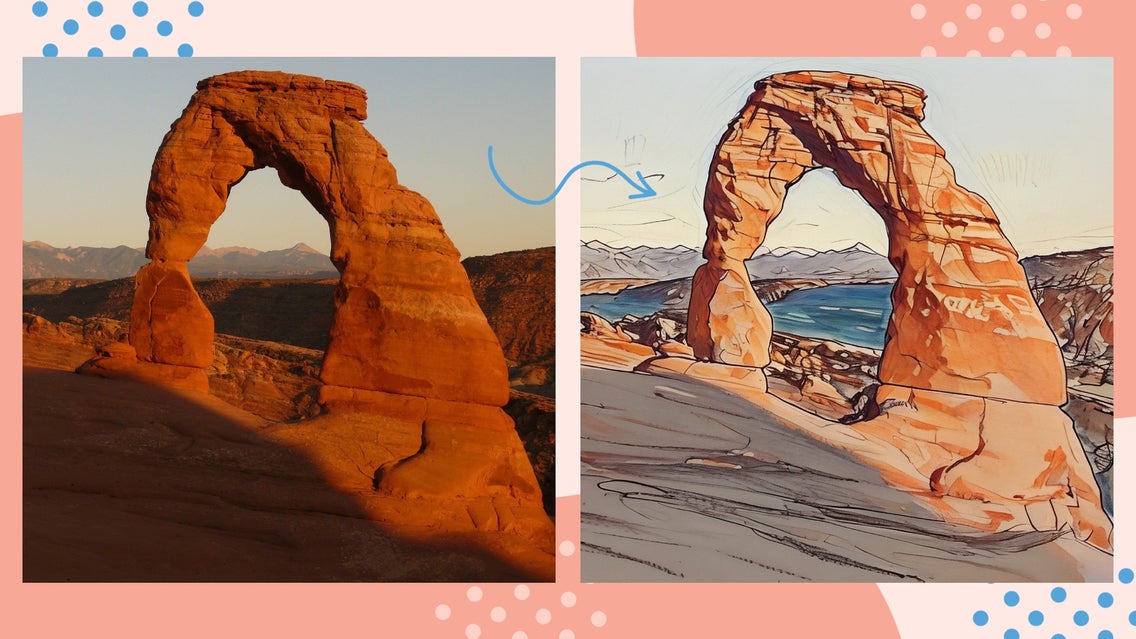A before-and-after comparison of a landscape photo transformed into a sketch using BeFunky’s Sketcher tool. The left side shows the original image, while the right side showcases the pencil sketch effect
