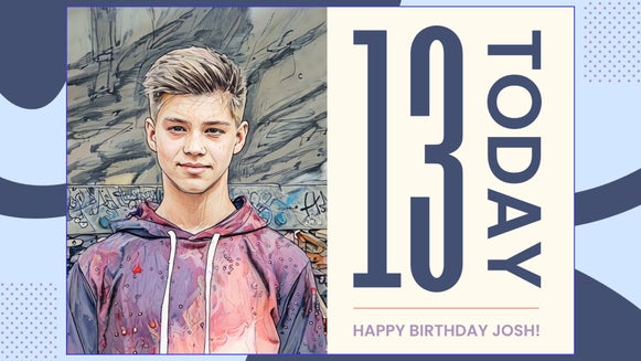 featured image for adding sketch effects to graphic designer card templates – young man with color sketch applied for 13 birthday card