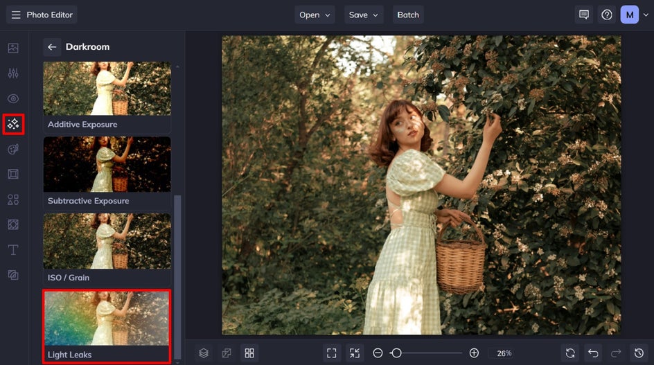 light leaks effect in the darkroom category of photo editor