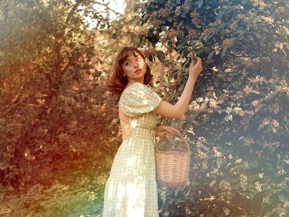 after: same portrait with colorful light leaks effect applied for rainbow effect