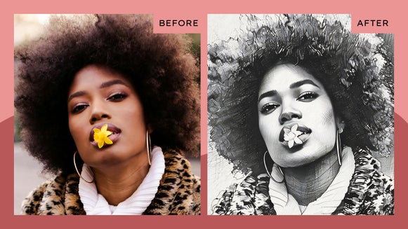 featured image: before and after image of female portrait with cross hatch gfx applied to the right image