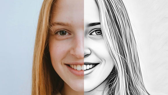 Before: A portrait photo of a woman with soft lighting and a neutral background. After: The same portrait transformed into a high-contrast charcoal sketch with bold, expressive lines.