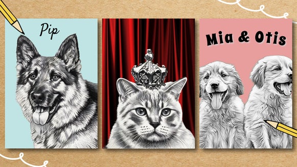 feature image three pet portrait sketches of dog, cat, and two puppies with different photo effects and backgronds applied