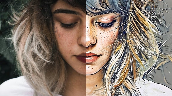 portrait to colored pencil sketch featured image: portrait of woman with curly hair close up, split down the middle with effect applied to right half