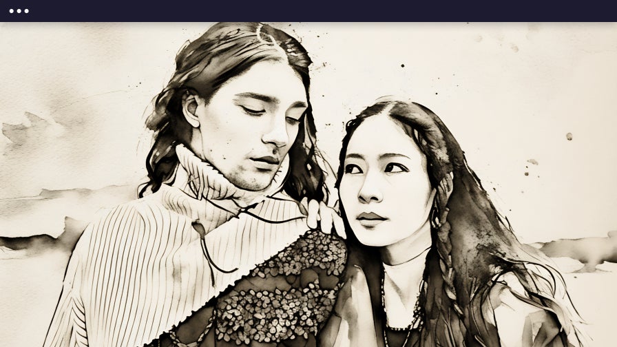 A black-and-white sketch portrait of a couple, showcasing the tool's ability to create detailed and personalized sketches from photos.