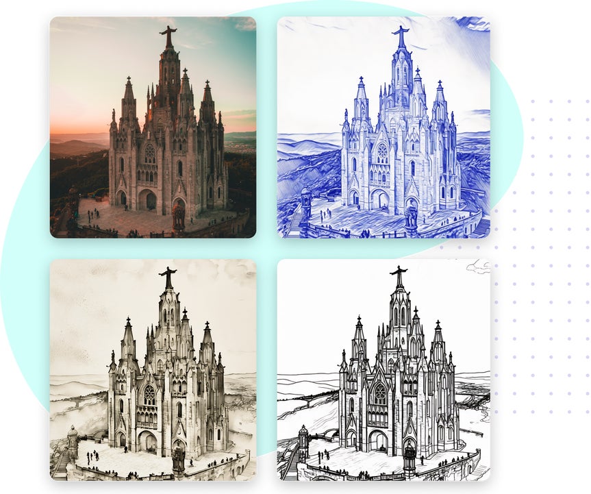 Four side-by-side images of a cathedral, showcasing different sketch styles using BeFunky's photo-to-sketch tool: the original color photo, a blue fine-line pen art sketch, a sepia-toned sketch, and a black-and-white line drawing, illustrating various artistic effects.
