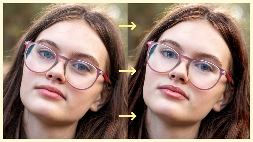 2 frame before after picture of person with glasses showing use of dodge & burn tool